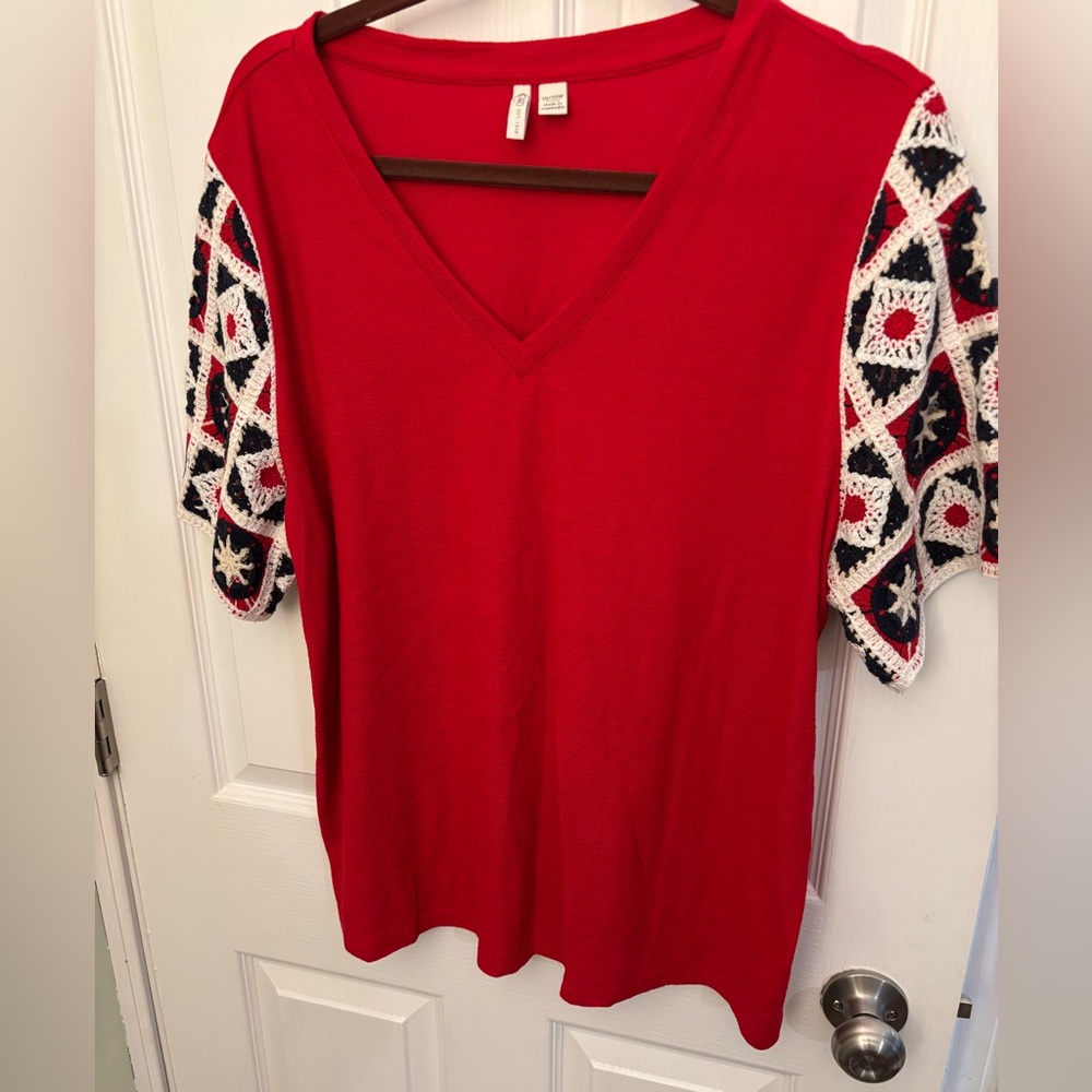 Red V-Neck Crochet Sleeve Top - Ladies Cato brand size 18/20